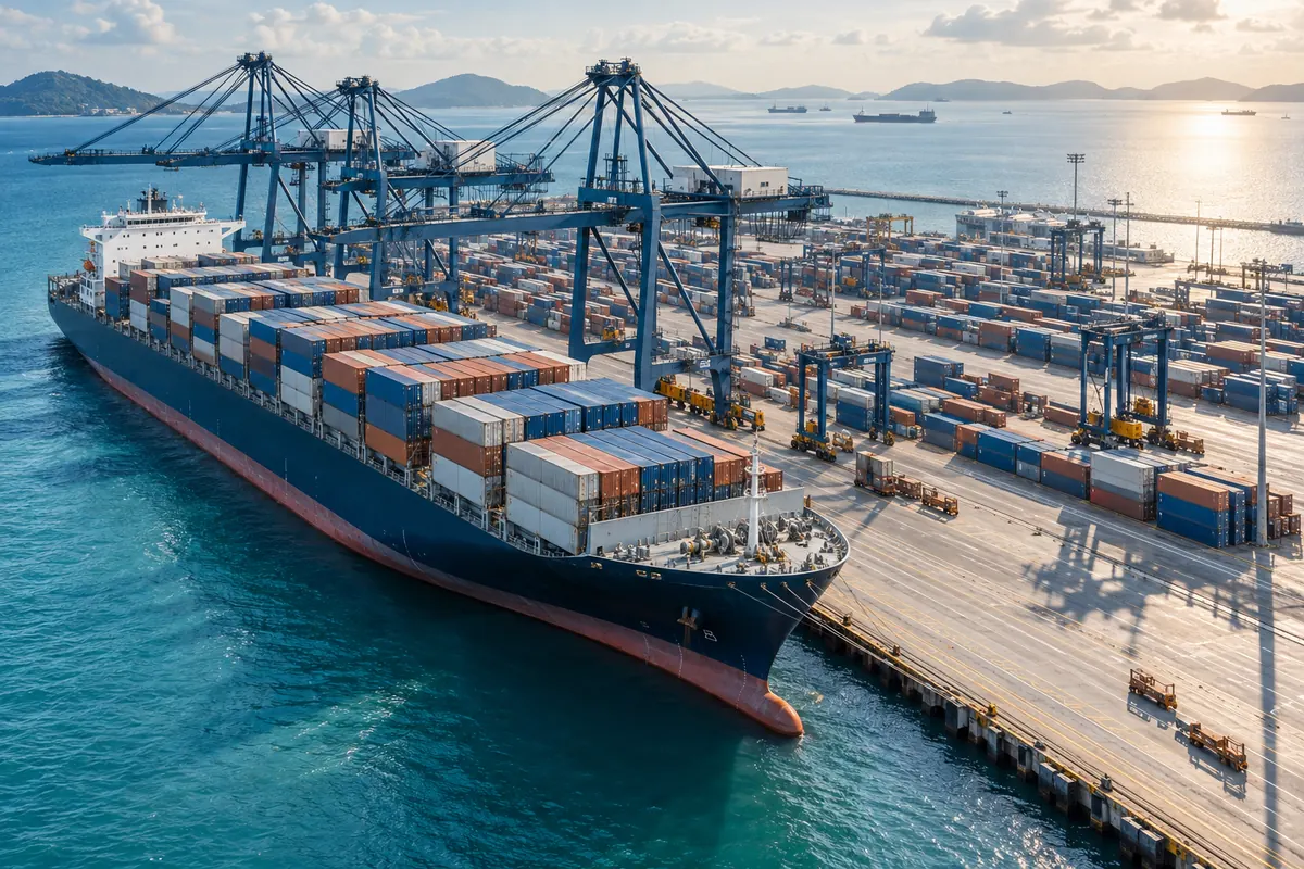 Illustrative aerial view of a container port and cargo vessel.
