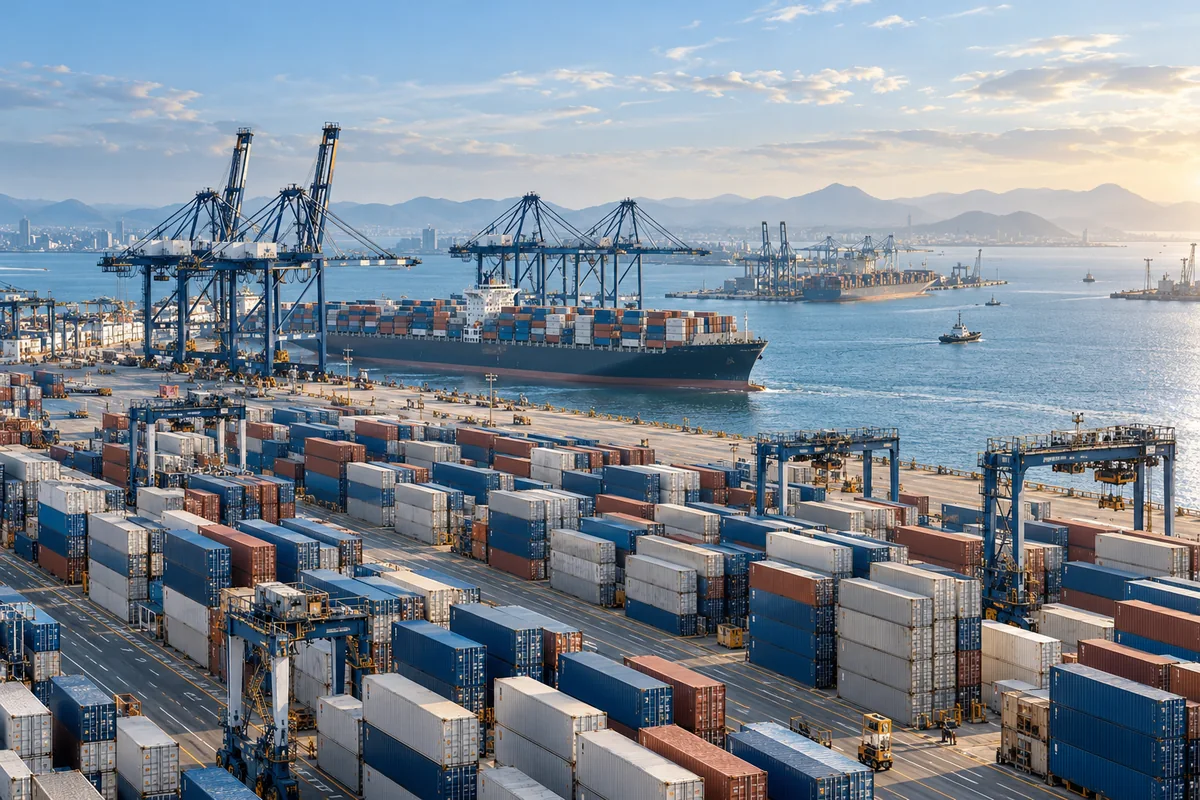Illustrative international container terminal with cargo ships and port cranes.