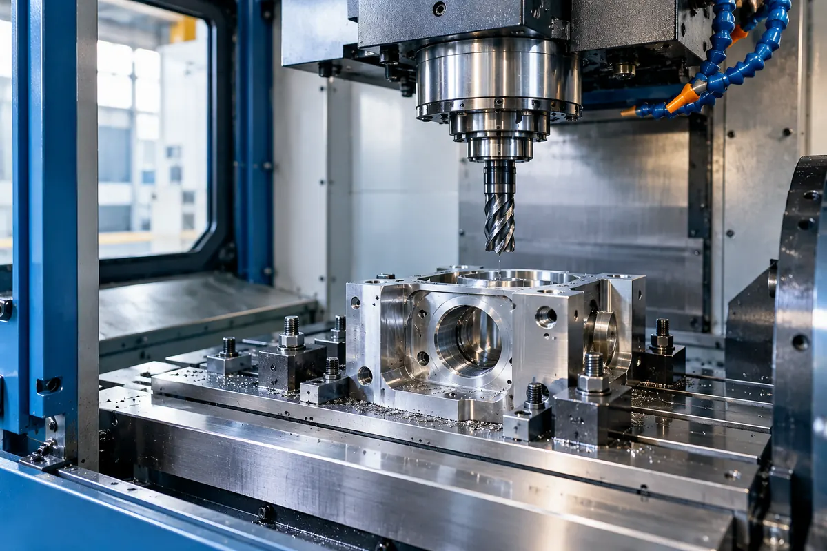 A precision machining centre and metal workpiece.