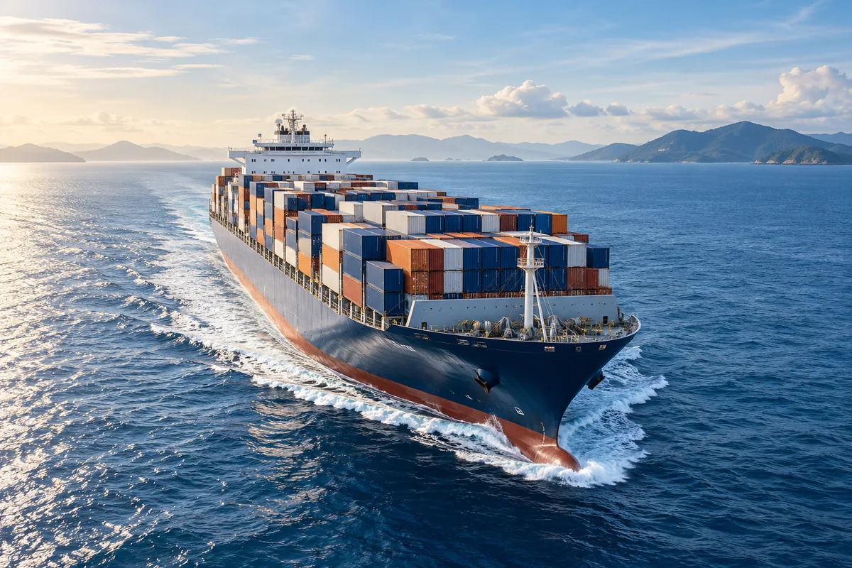 Illustrative container ship carrying wholesale cargo across blue ocean.
