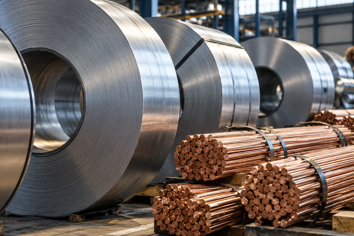 Rolled steel coils and copper material in a warehouse.