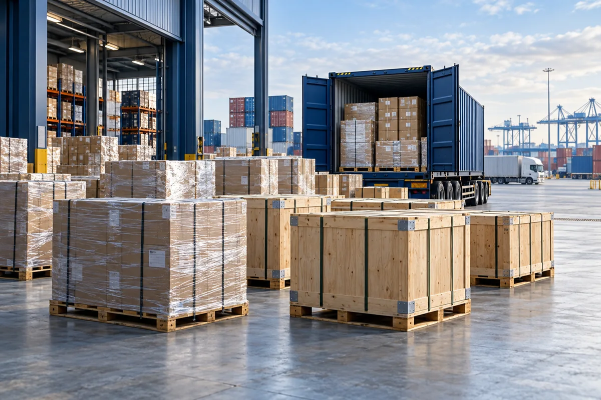 Illustrative export-ready pallets and shipping crates beside a freight container.